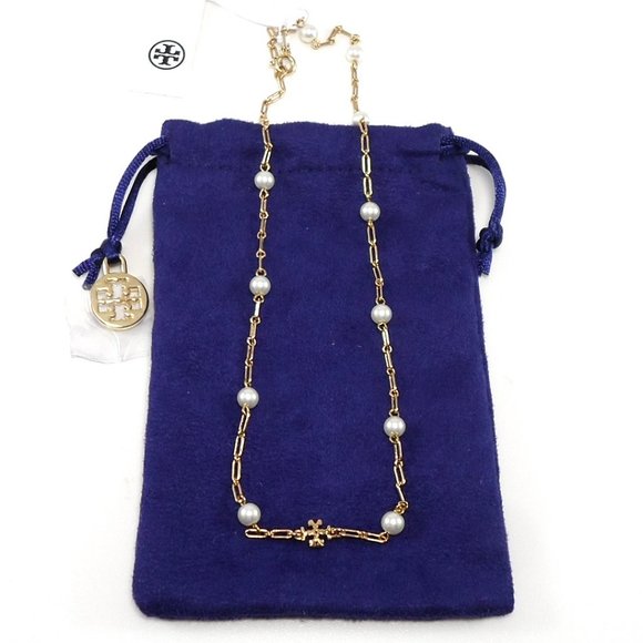 NWT Tory Burch Thin Roxanne Imitation Pearl Detailed 18K-plated Chain Necklace - Picture 4 of 11